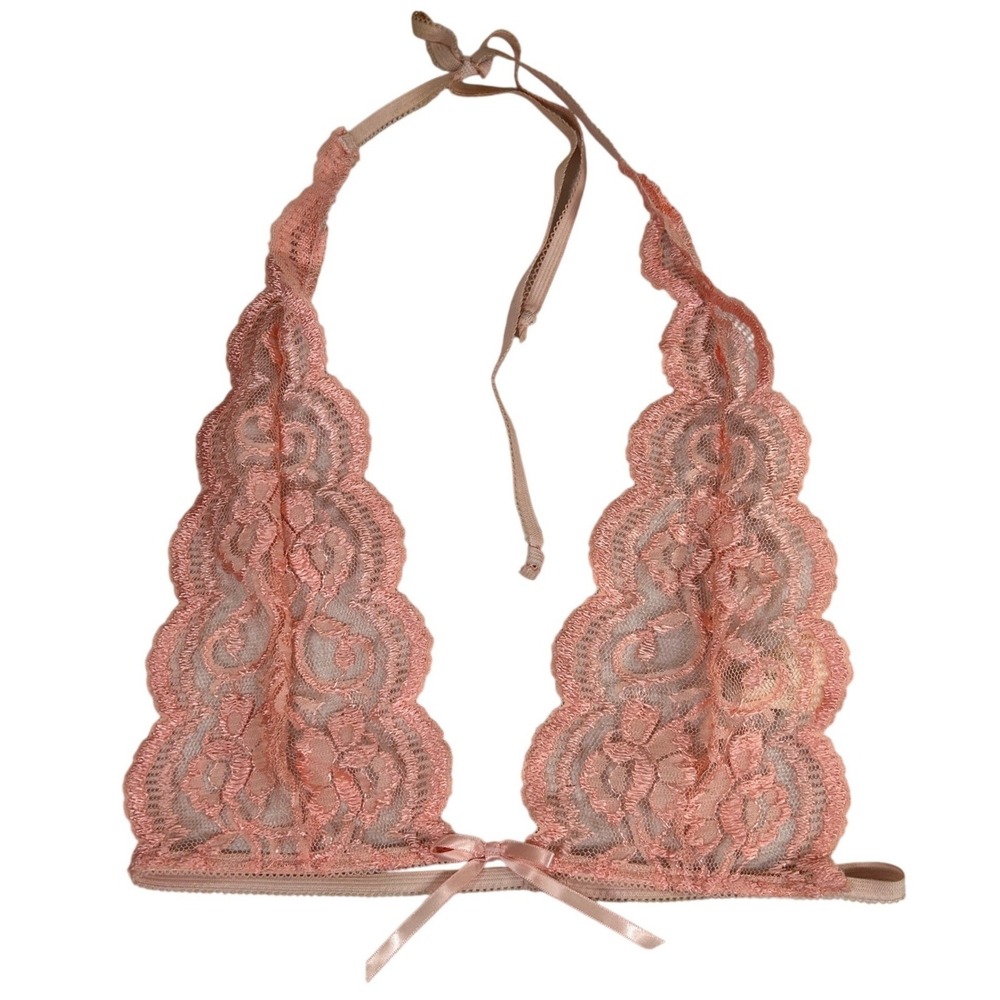 Vintage‎ Decorations Coral Pink Scalloped Lace Halter Bralette Bow Detail Sz S/M